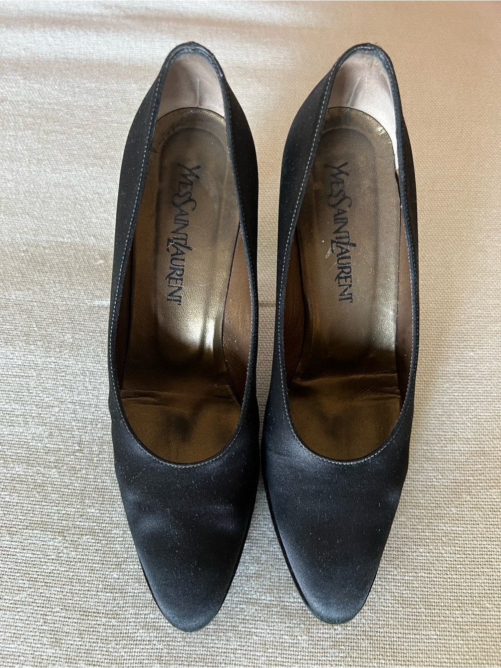 Yves Saint Laurent Black Satin Pointed Pumps with Gold Insole